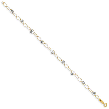 14k Two-tone Diamond-cut Puffed Stars and Oval Link 7.25 inch Bracelet