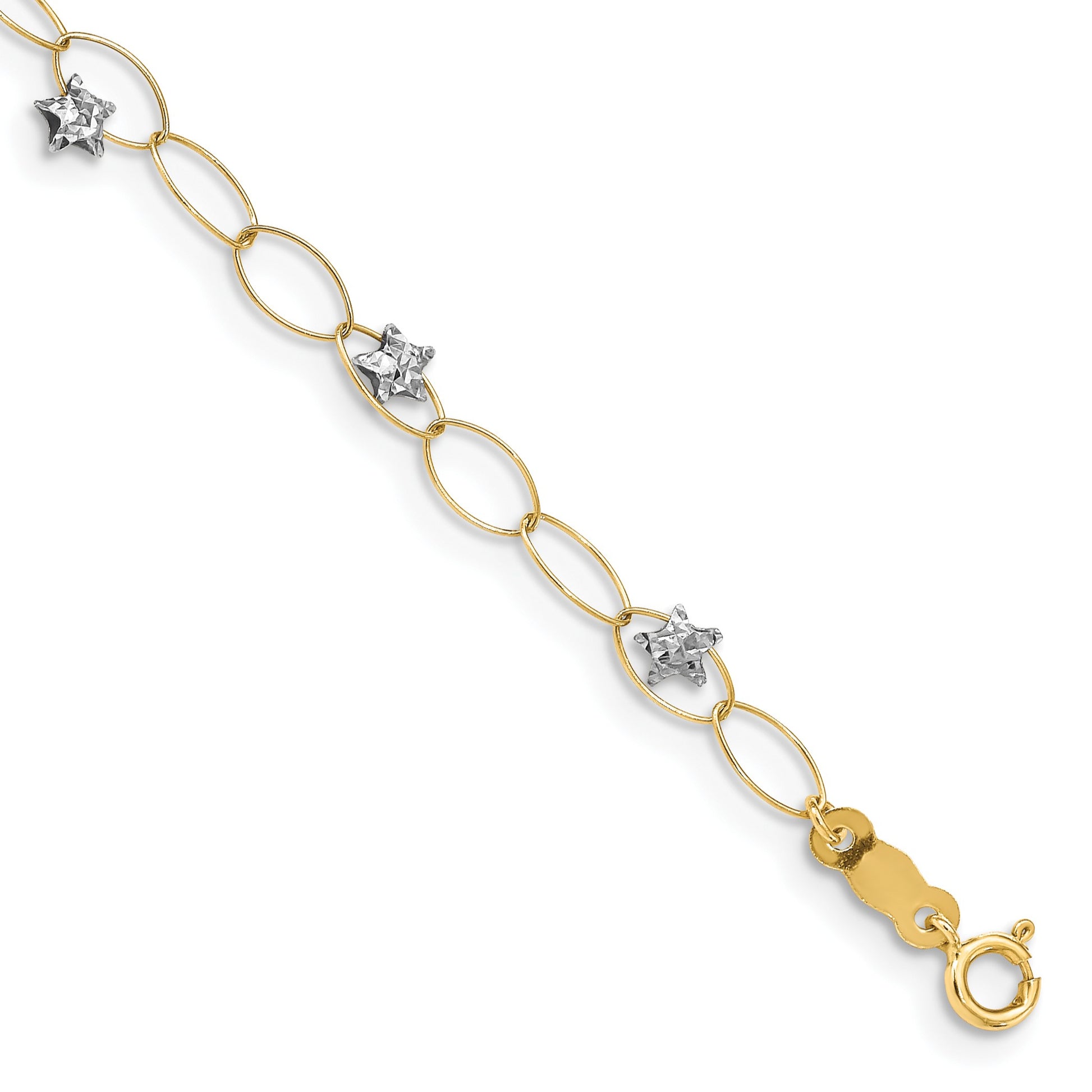 14k Two-tone Diamond-cut Puffed Stars and Oval Link 7.25 inch Bracelet