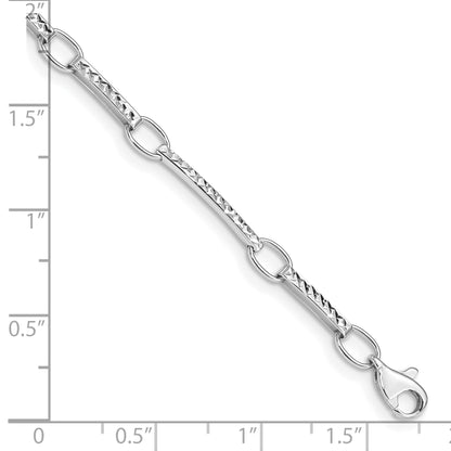 14k White Gold Polished and Textured Oval and Bar Link 7.25 inch Bracelet