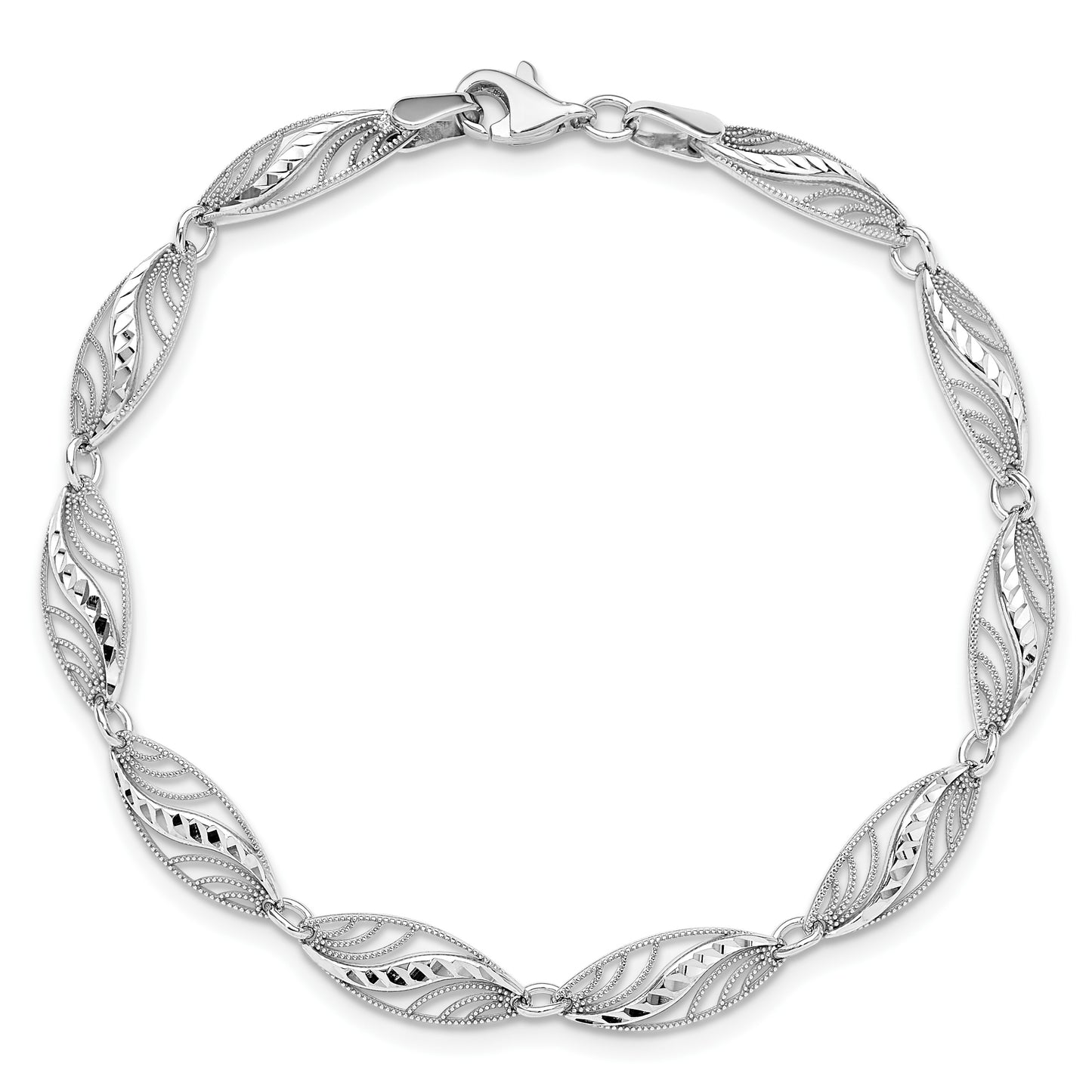 14k White Gold Oval Filigree Diamond-cut 7.25 inch Bracelet