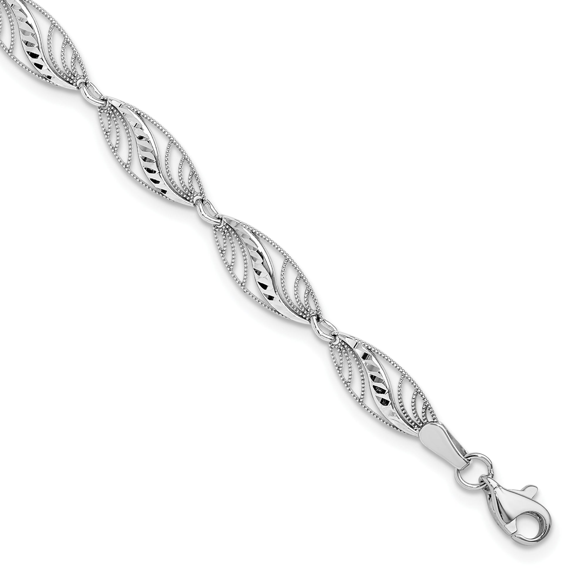 14k White Gold Oval Filigree Diamond-cut 7.25 inch Bracelet