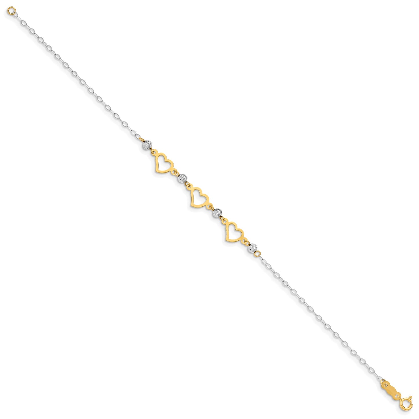 14K Two-tone Hearts and Diamond-cut Beads 7.5 inch Bracelet