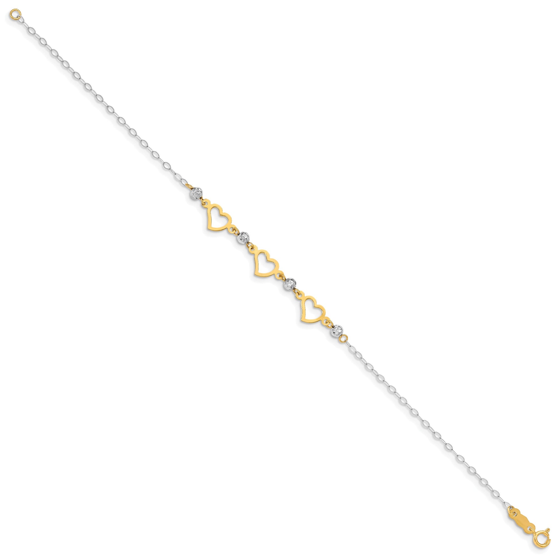 14K Two-tone Hearts and Diamond-cut Beads 7.5 inch Bracelet