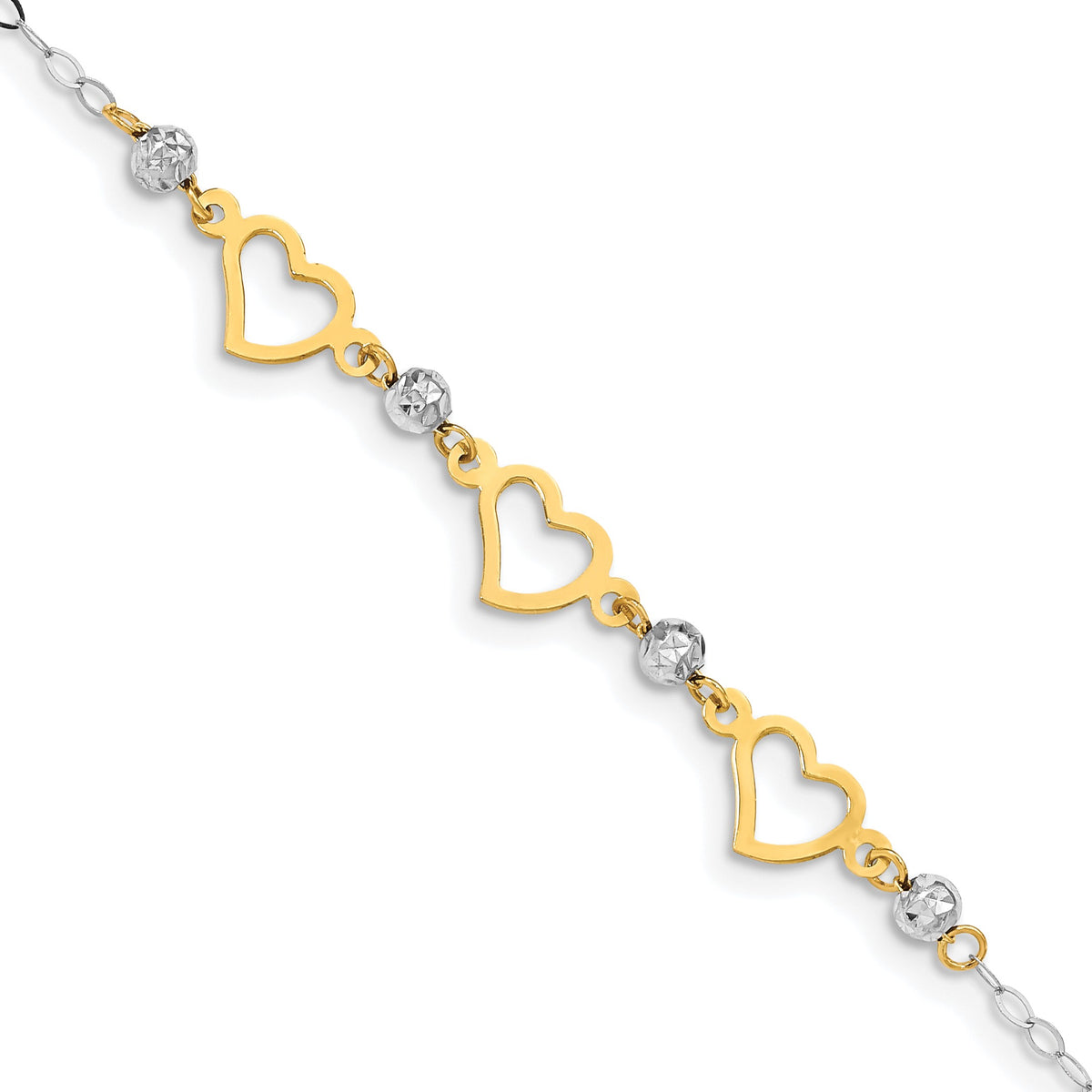 14K Two-tone Hearts and Diamond-cut Beads 6 inch Bracelet
