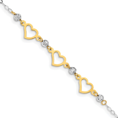 14K Two-tone Hearts and Diamond-cut Beads 6 inch Bracelet