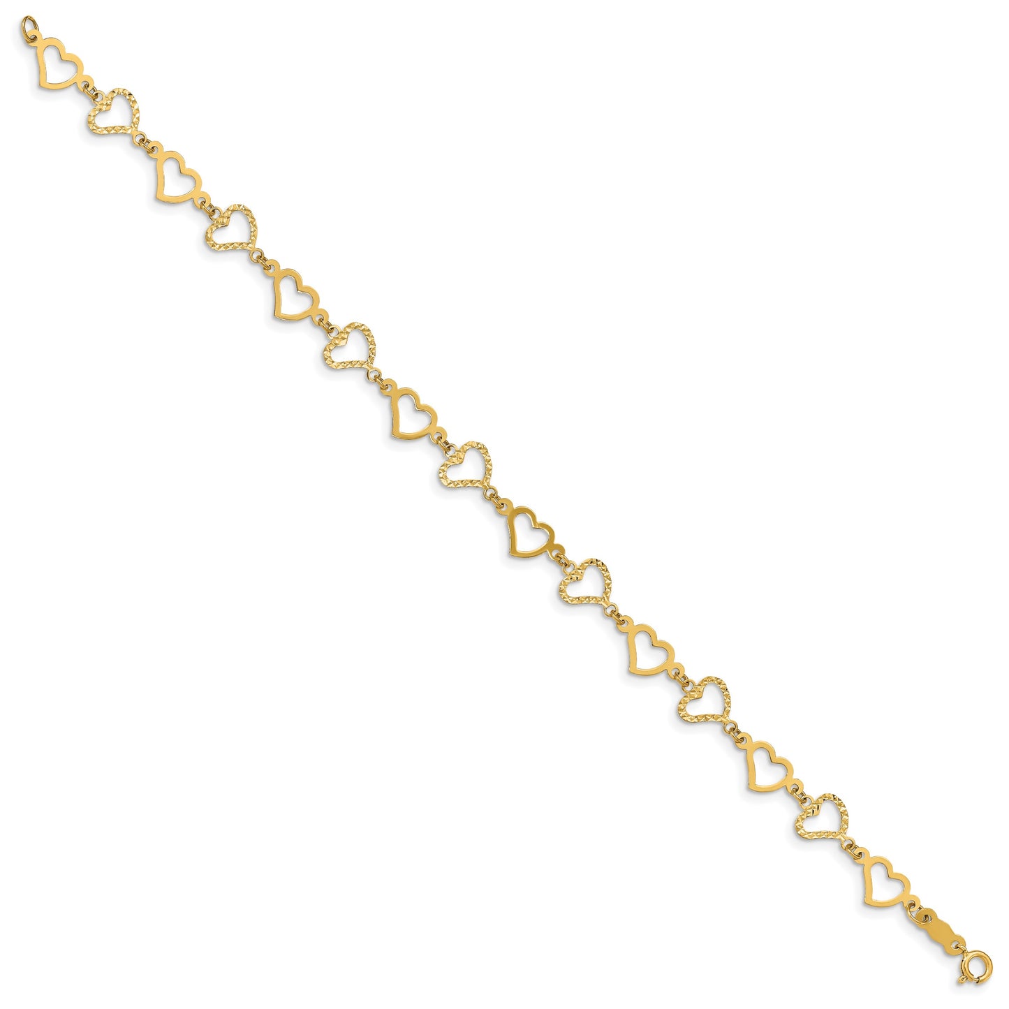 14K Flat Diamond -cut and Polished Open Hearts 7.25 inch Bracelet
