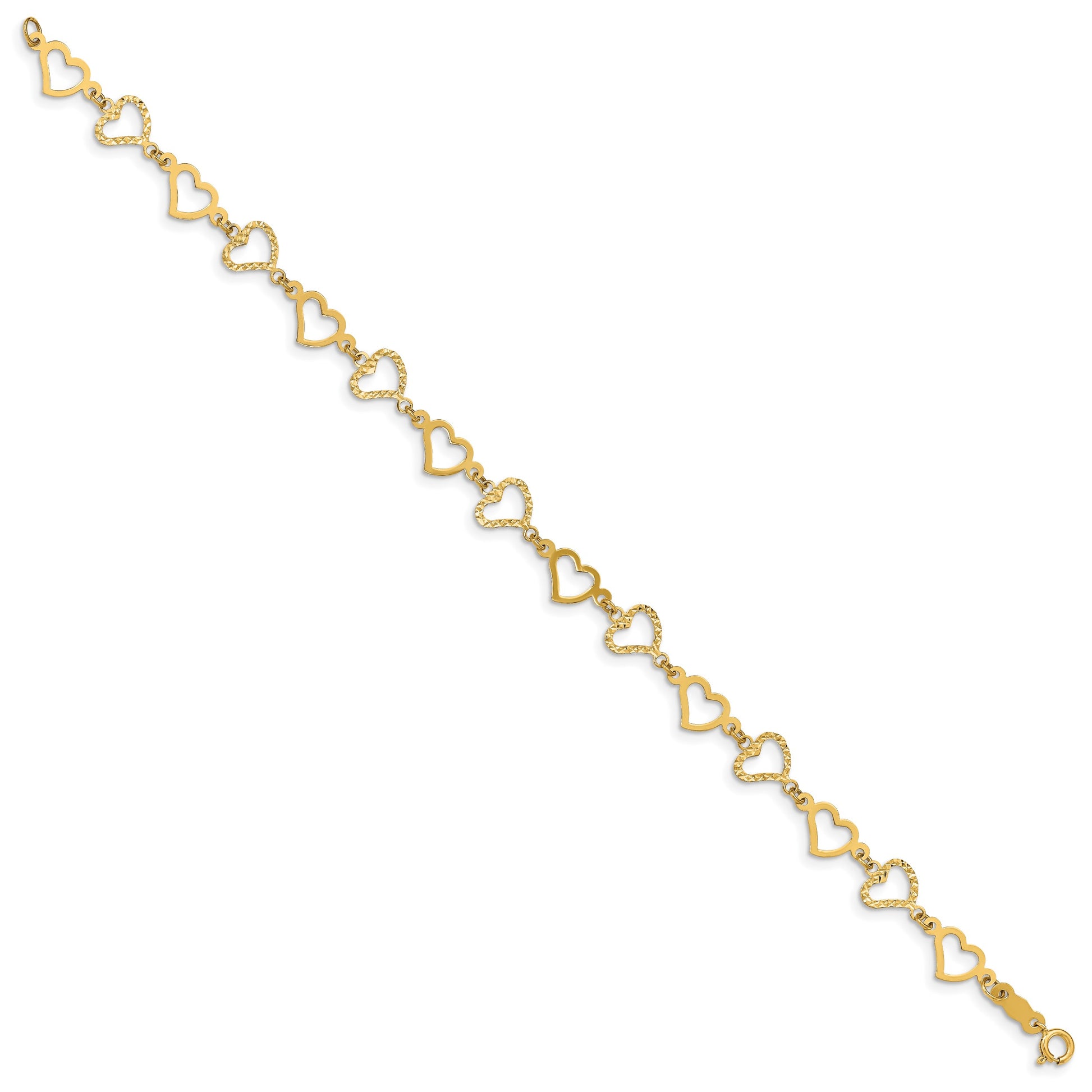 14K Flat Diamond -cut and Polished Open Hearts 7.25 inch Bracelet
