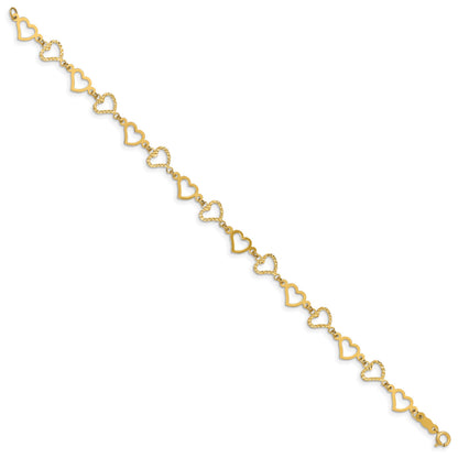 14K Flat Diamond -cut and Polished Open Hearts 7.25 inch Bracelet