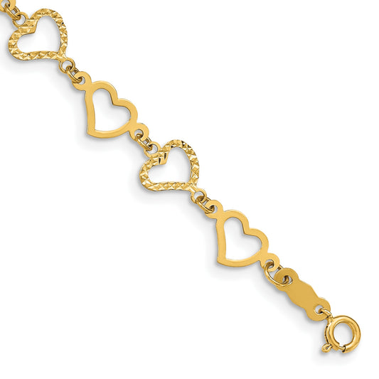 14K Flat Diamond -cut and Polished Open Hearts 6 inch Childs Bracelet