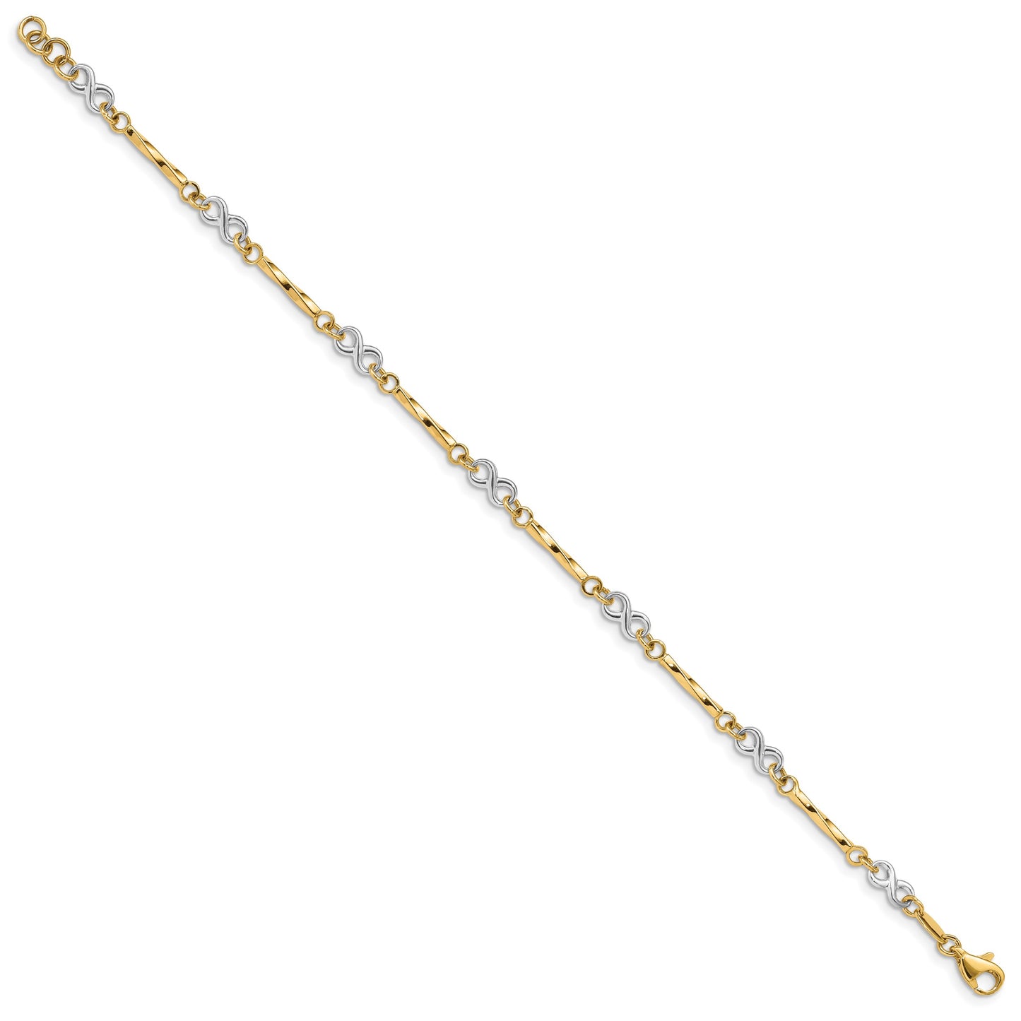 14K Two-tone Infinity Symbol and Twisted Fancy Bar Link 7.5 inch Bracelet
