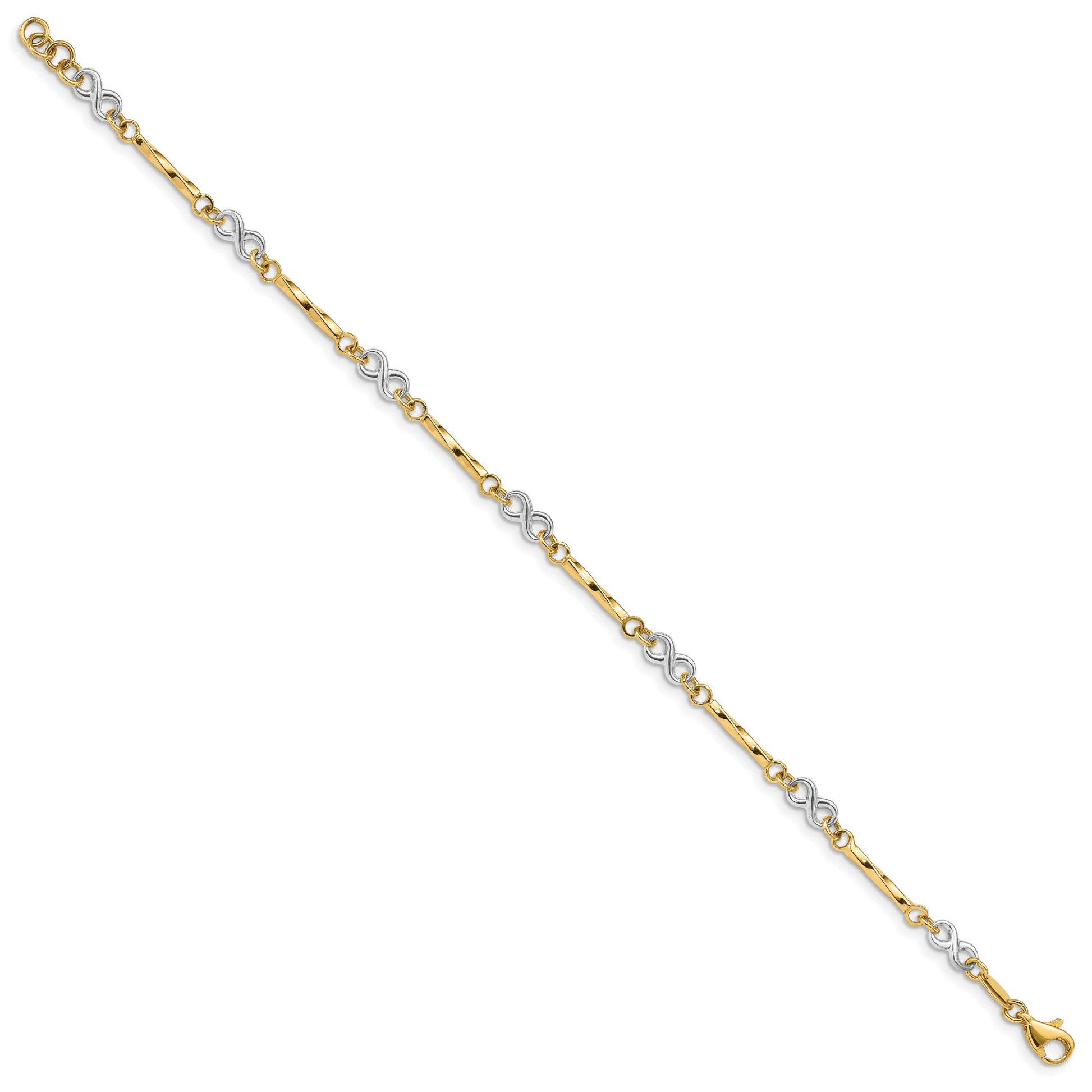 14K Two-tone Infinity Symbol and Twisted Fancy Bar Link 7.5 inch Bracelet