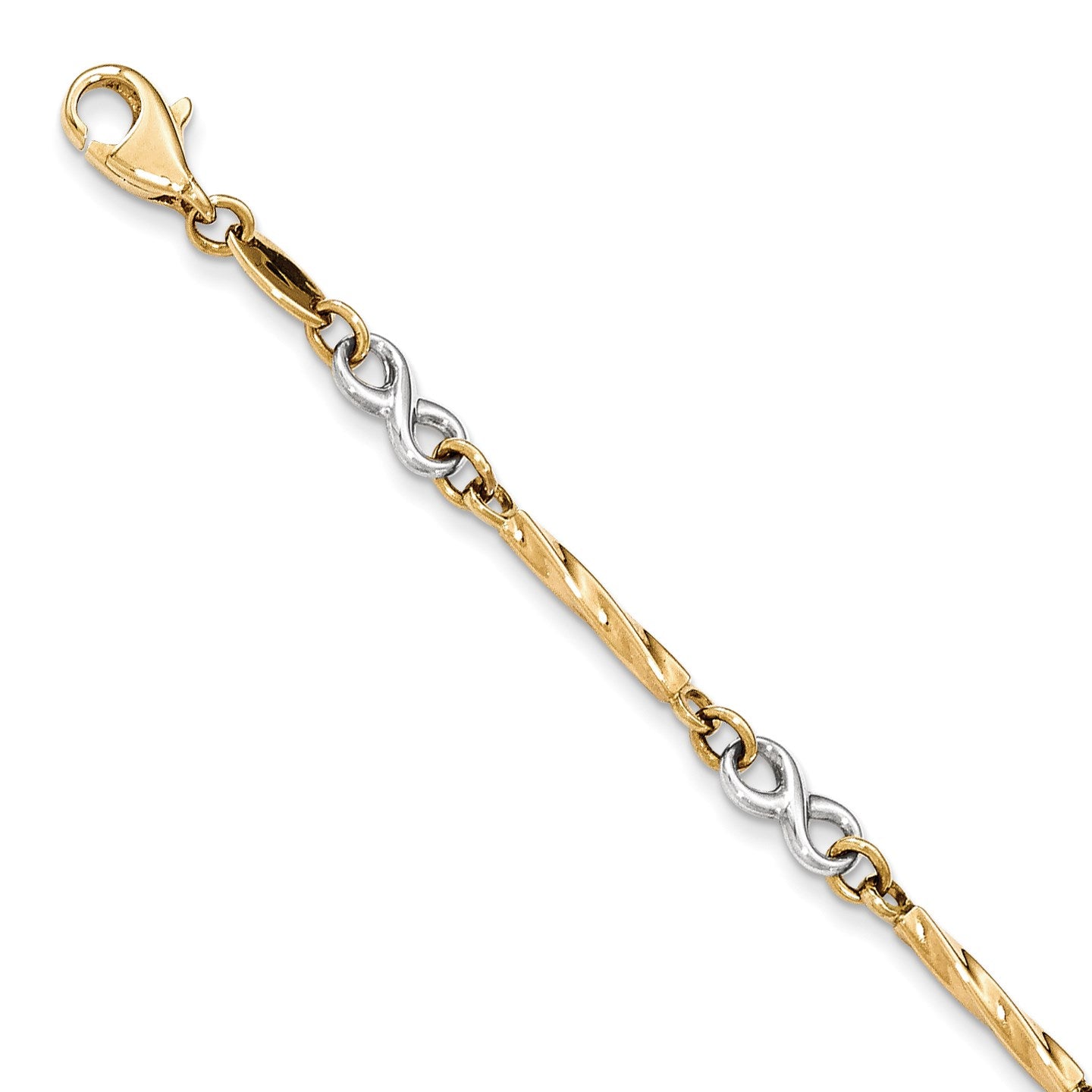 14K Two-tone Infinity Symbol and Twisted Fancy Bar Link 7.5 inch Bracelet