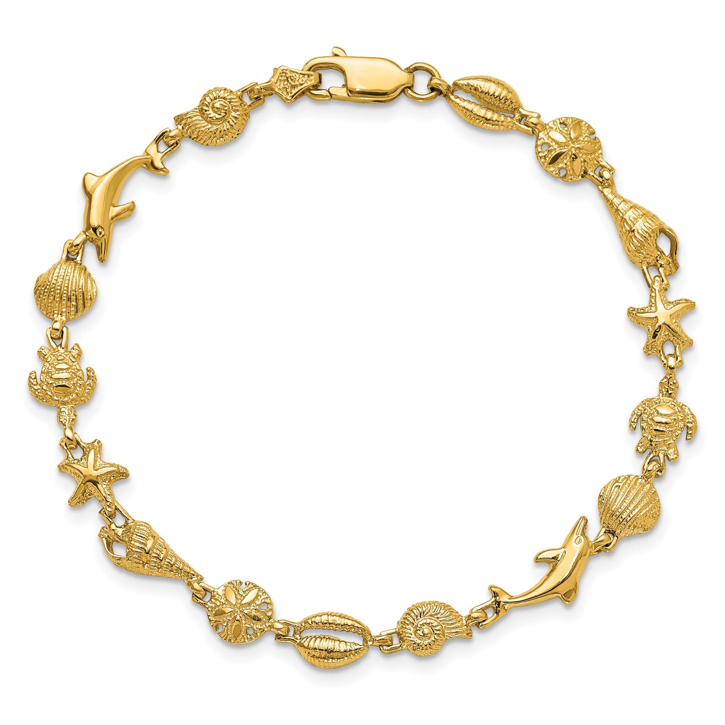 14K Polished and Textured Sea Life 7.25 inch Bracelet