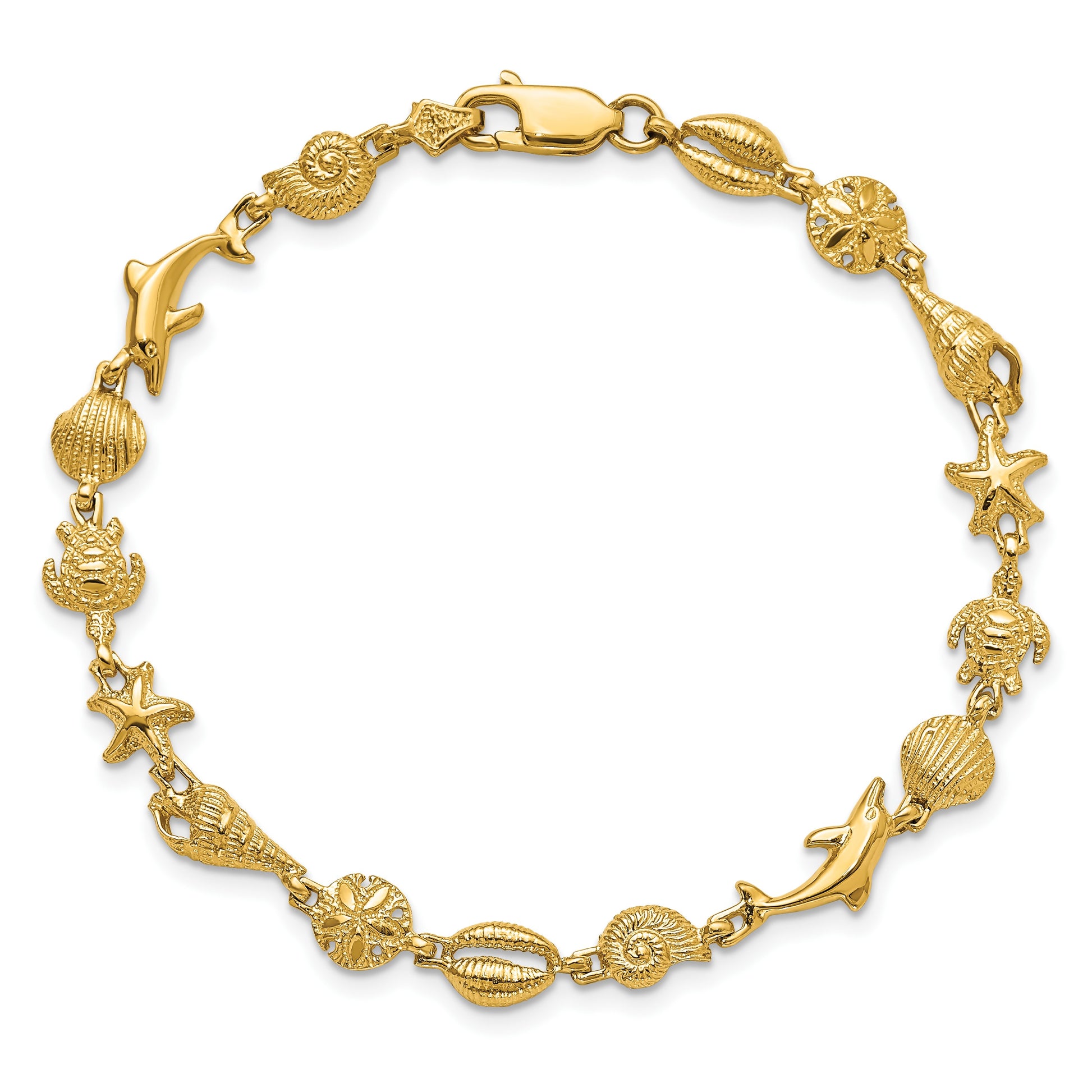 14K Polished and Textured Sea Life 7.25 inch Bracelet