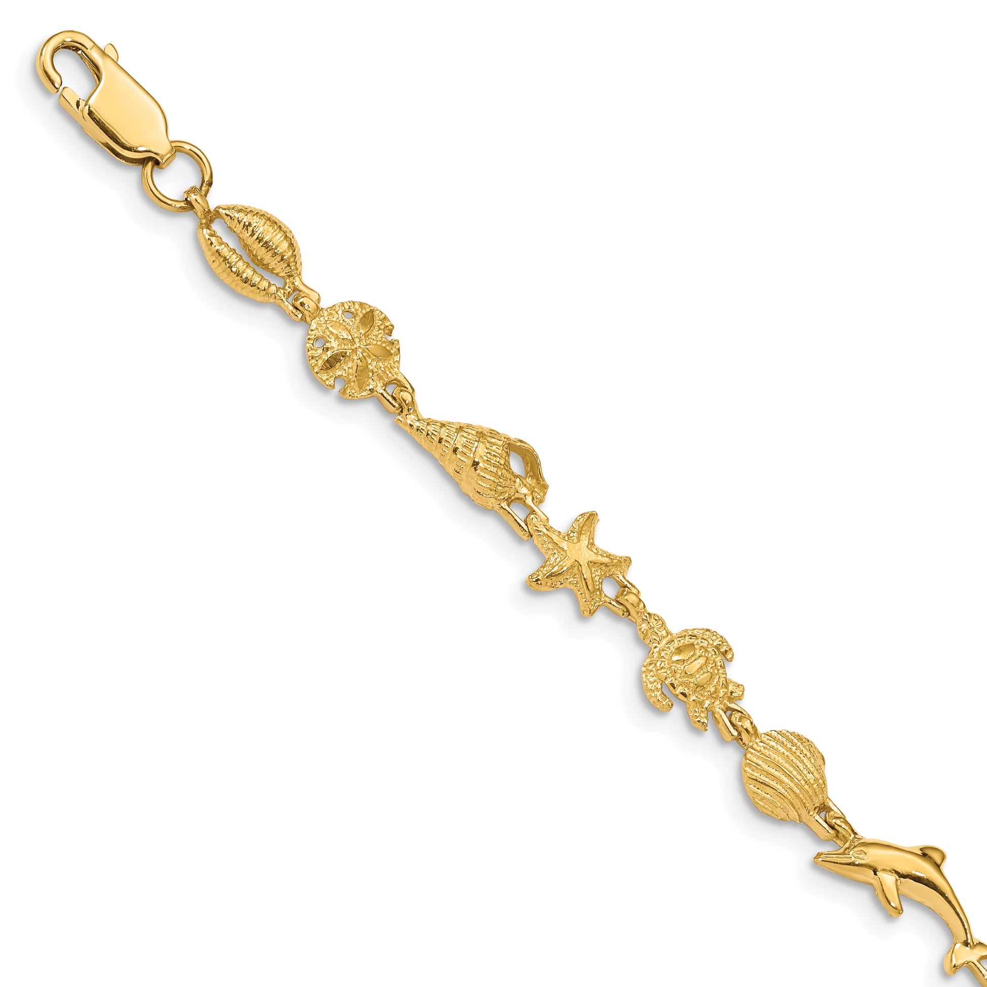 14K Polished and Textured Sea Life 7.25 inch Bracelet