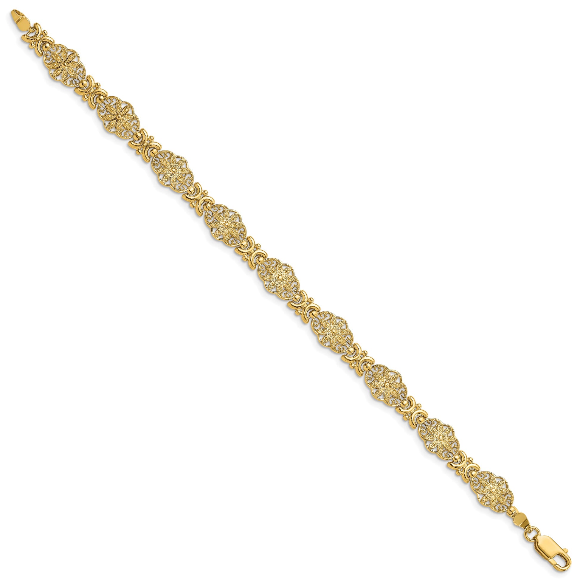 14K Polished and Textured Fancy Floral Link 7.5 inch Bracelet