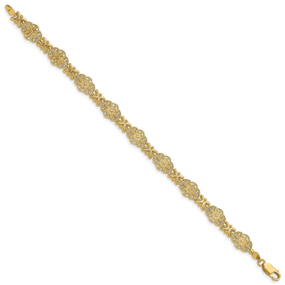 14K Polished and Textured Fancy Floral Link 7.5 inch Bracelet