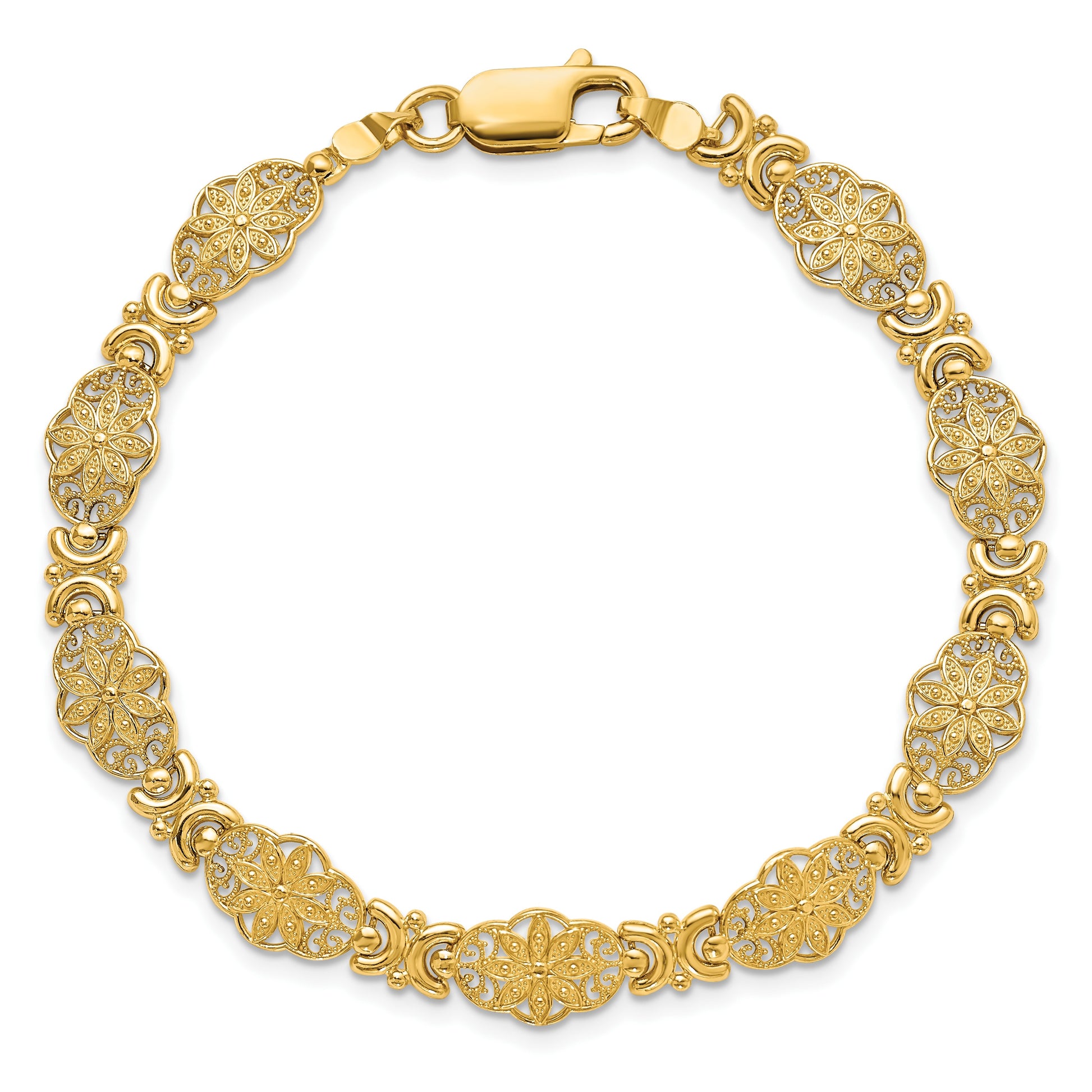 14K Polished and Textured Fancy Floral Link 7.5 inch Bracelet