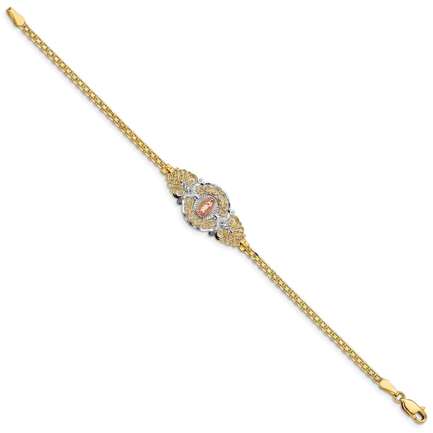 14k Two-tone with White Rhodium Our Lady of Guadalupe and Bismark Chain 7 inch Bracelet