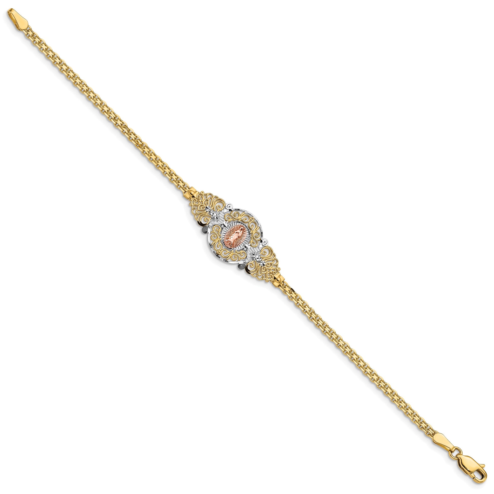 14k Two-tone with White Rhodium Our Lady of Guadalupe and Bismark Chain 7 inch Bracelet