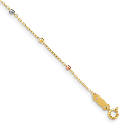 14K Tri-color Diamond-cut Beaded 7 inch Bracelet Plus 1 inch Cross Extender