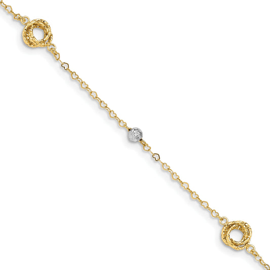 14k Two-tone Love Knots and Beads on Small Heart Link 7.5 inch Bracelet