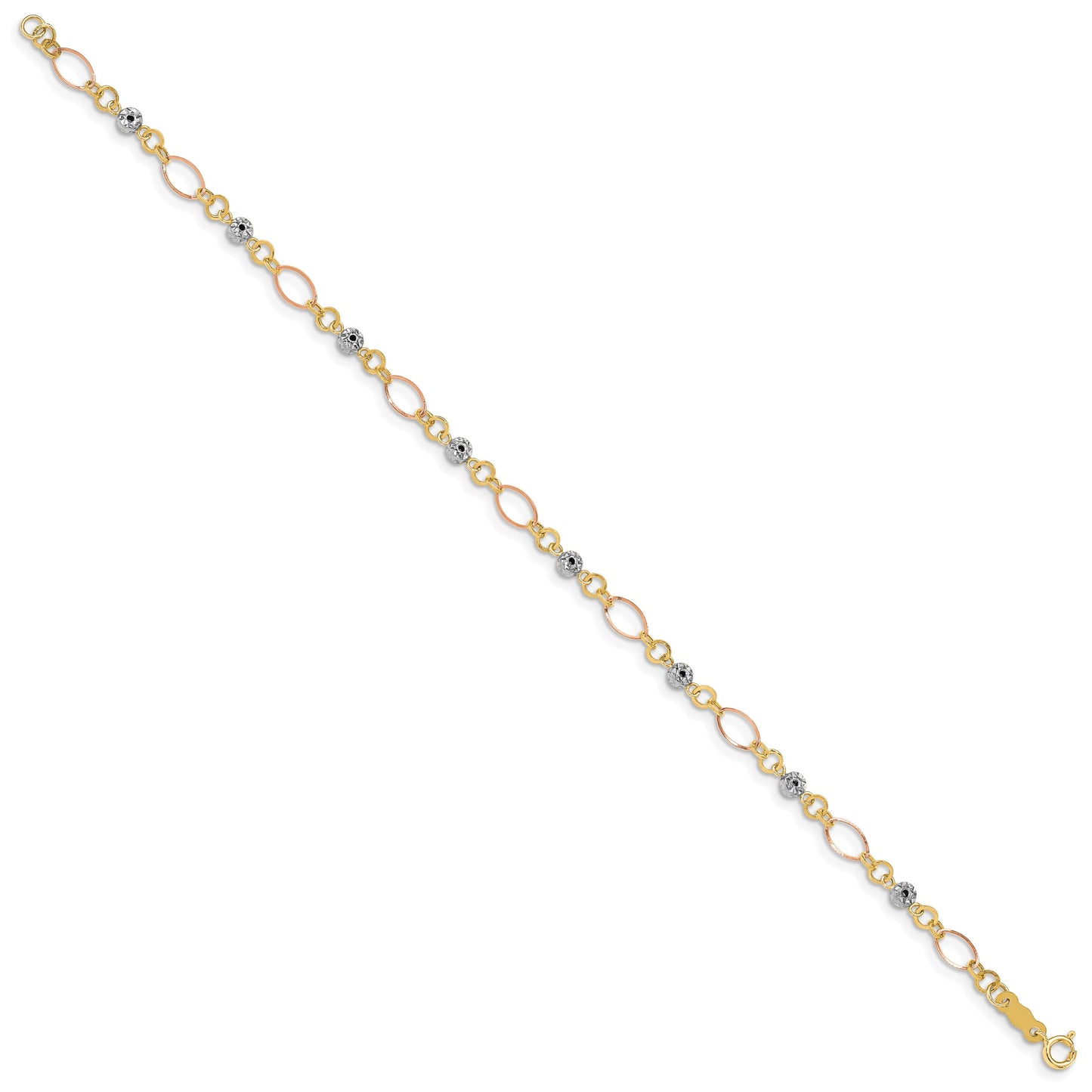 14k Tri-color Polished Diamond-cut Ovals and Donut Beads 7.5 inch Bracelet