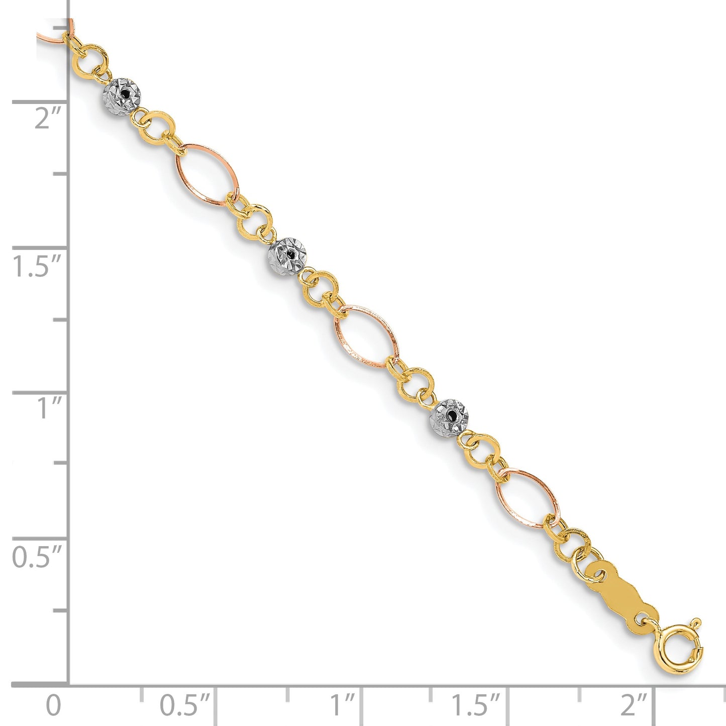 14k Tri-color Polished Diamond-cut Ovals and Donut Beads 7.5 inch Bracelet
