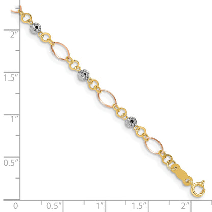 14k Tri-color Polished Diamond-cut Ovals and Donut Beads 7.5 inch Bracelet