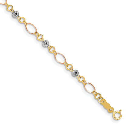 14k Tri-color Polished Diamond-cut Ovals and Donut Beads 7.5 inch Bracelet