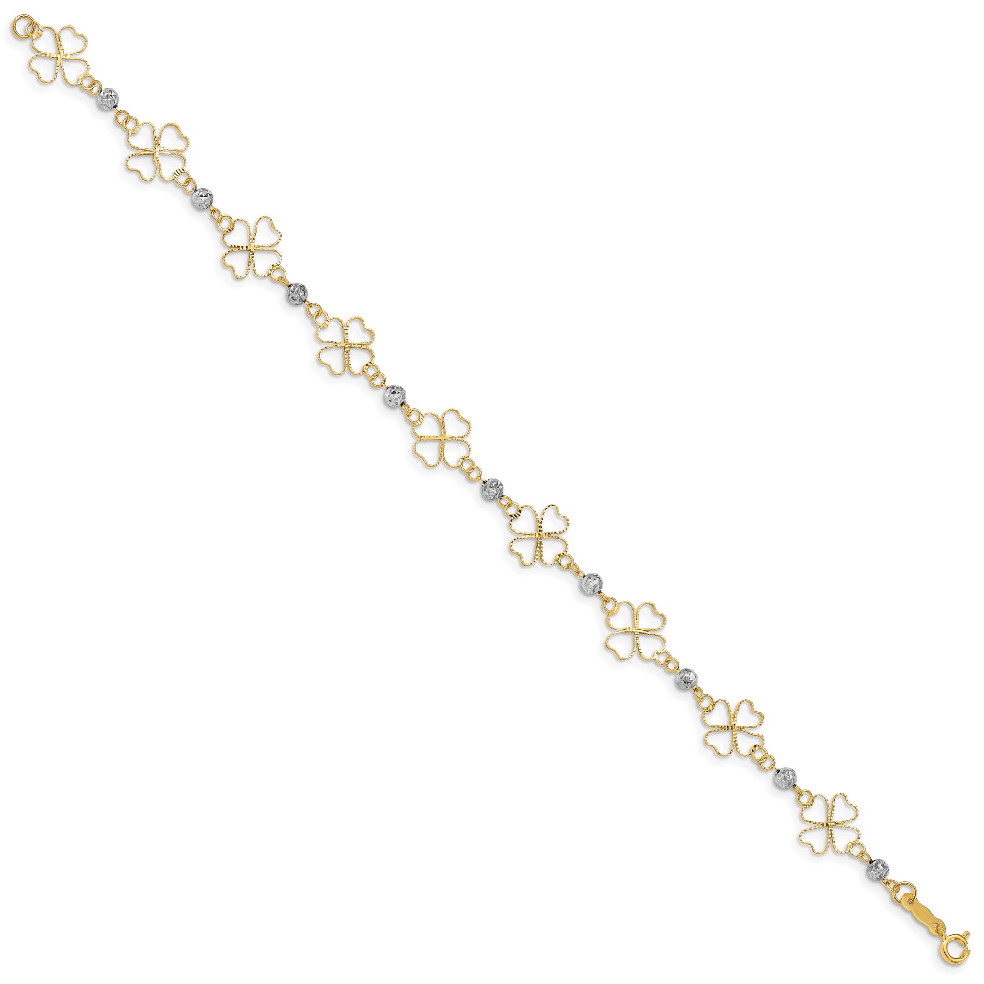 14k Two-tone Diamond-cut Open 4-Leaf Clovers and Beads 7.5 inch Bracelet