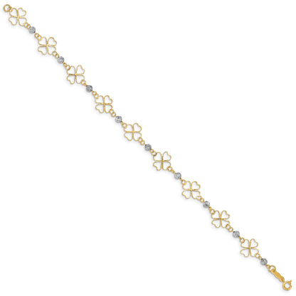 14k Two-tone Diamond-cut Open 4-Leaf Clovers and Beads 7.5 inch Bracelet