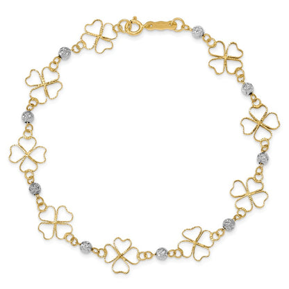 14k Two-tone Diamond-cut Open 4-Leaf Clovers and Beads 7.5 inch Bracelet