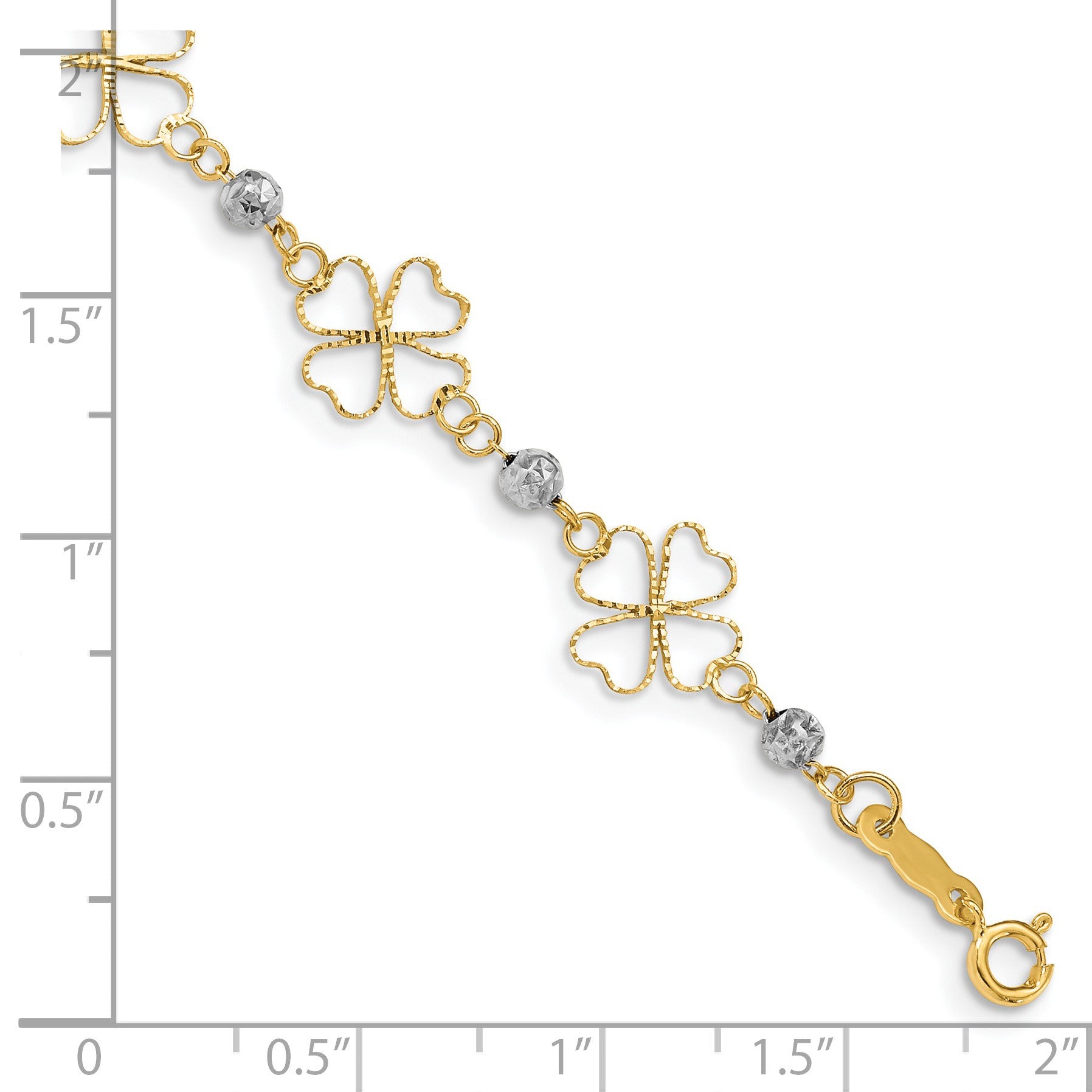 14k Two-tone Diamond-cut Open 4-Leaf Clovers and Beads 7.5 inch Bracelet