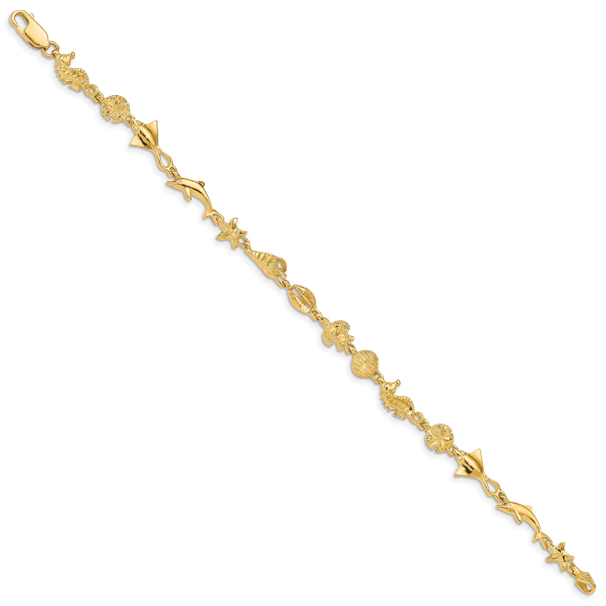 14k Polished and Textured Ocean Motif 7 inch Bracelet