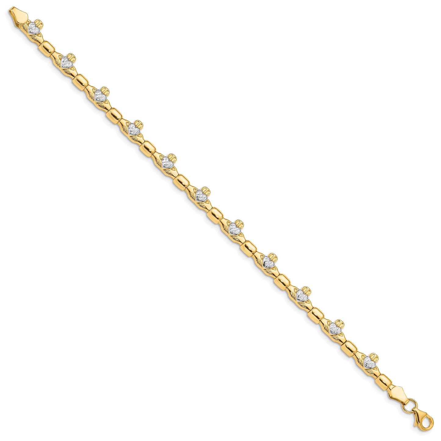 14K with White Rhodium Diamond-cut Claddagh Polished Link 7.25 inch Bracelet