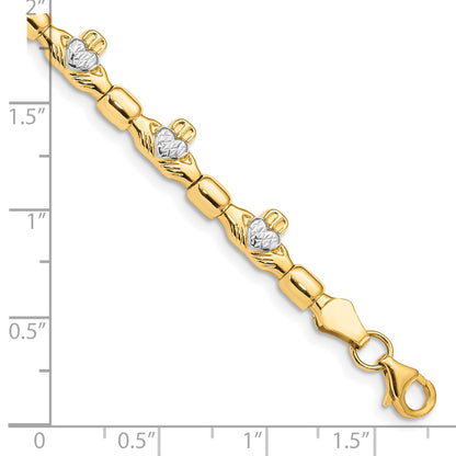 14K with White Rhodium Diamond-cut Claddagh Polished Link 7.25 inch Bracelet