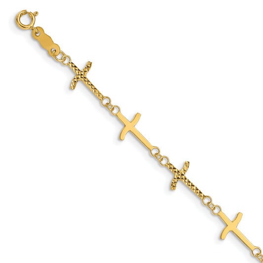 14k Polished and Diamond-cut Crosses 7 inch Bracelet Plus 1 inch Extender