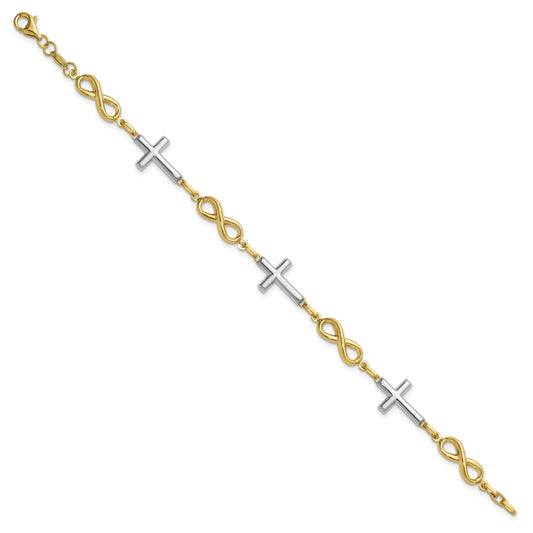 14K with White Rhodium Polished Cross and Infinity Symbol Link 7.25 inch Bracelet