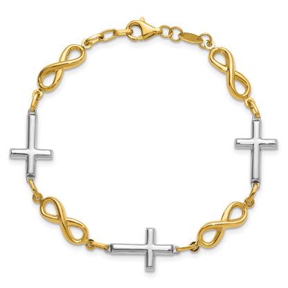 14K with White Rhodium Polished Cross and Infinity Symbol Link 7.25 inch Bracelet