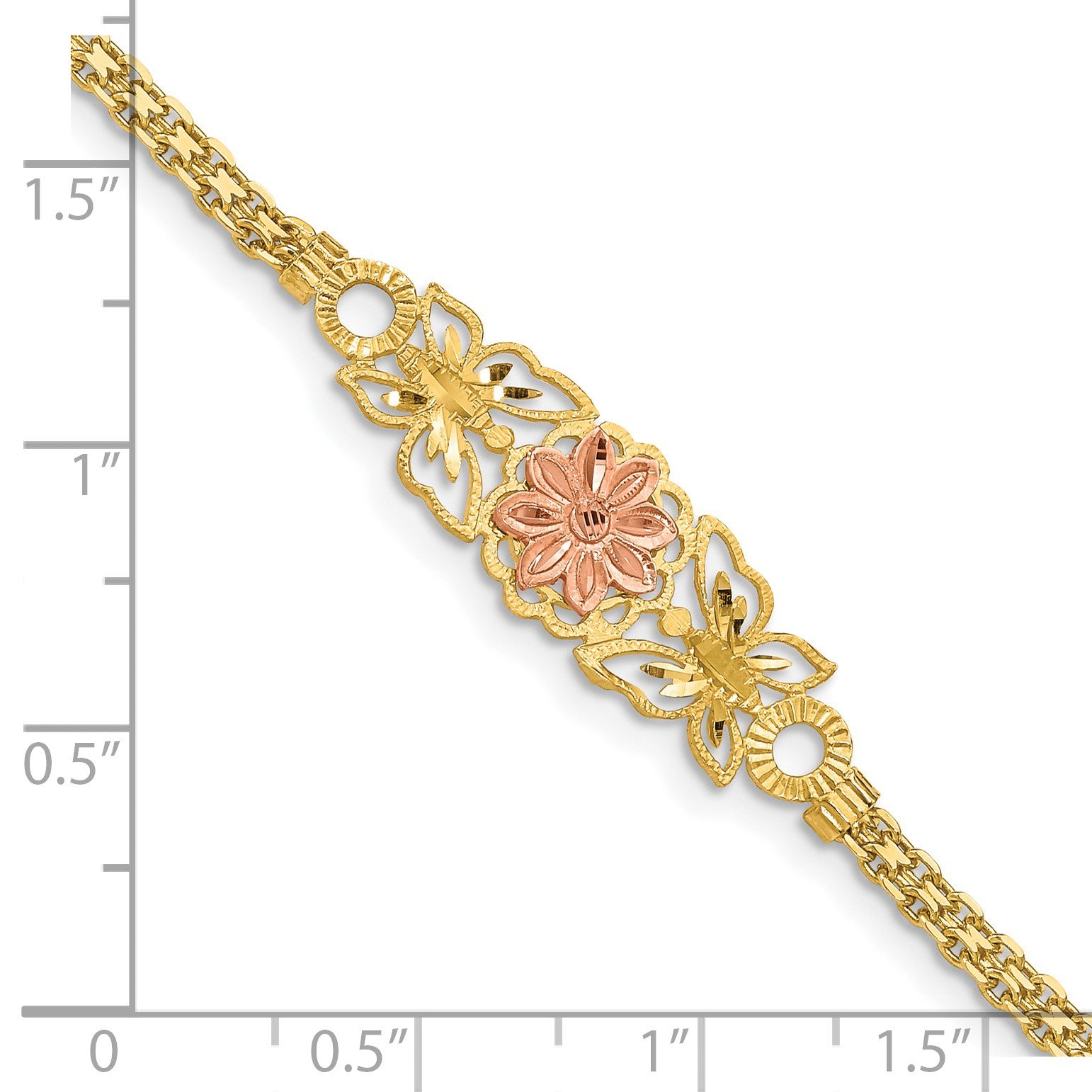 14K Two-tone Brushed and Polished Flower with Butterflies and Bismark Chain 7 inch Bracelet