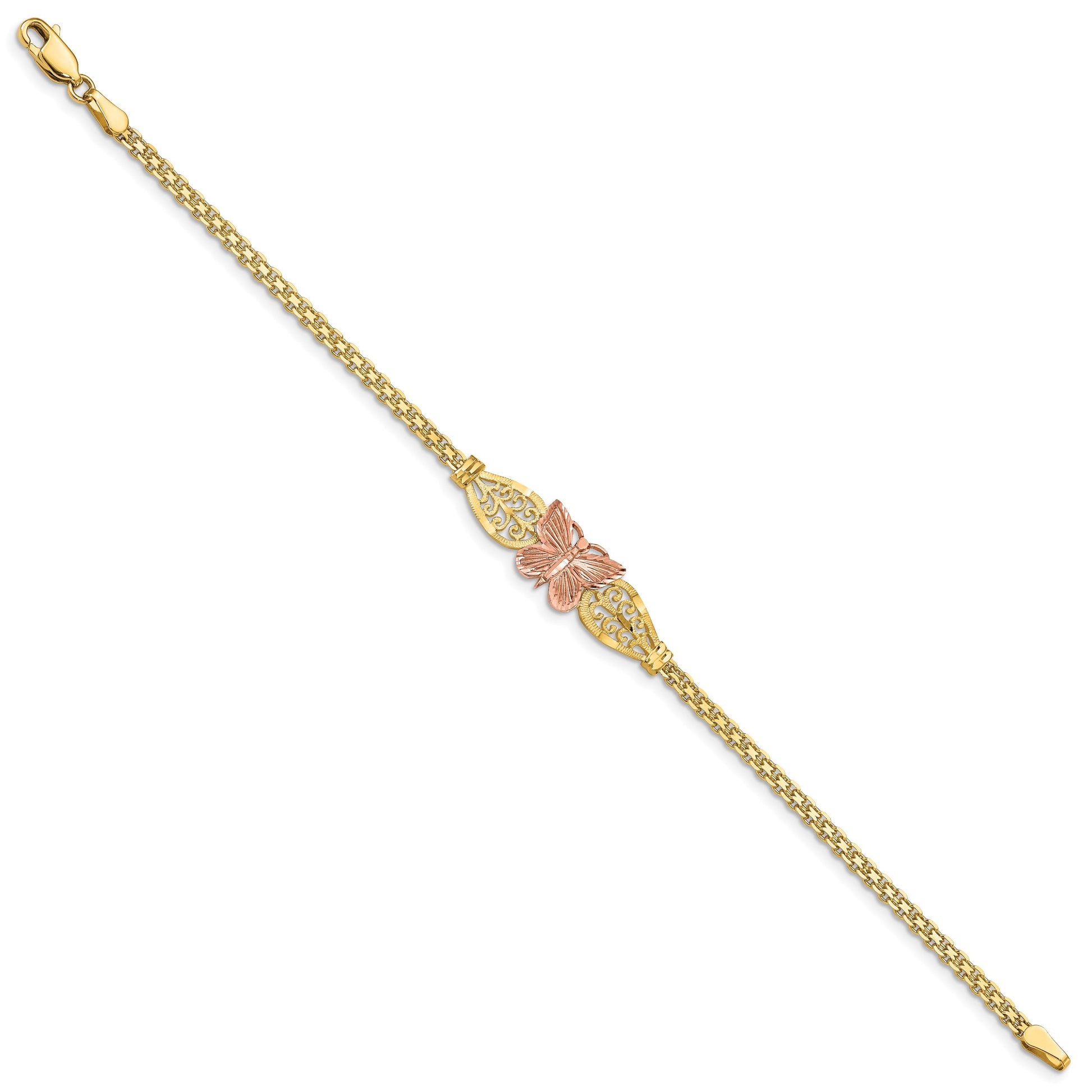 14K Two-tone Polished Diamond-cut Butterfly with Filigree and Bismark Chain 7 inch Bracelet