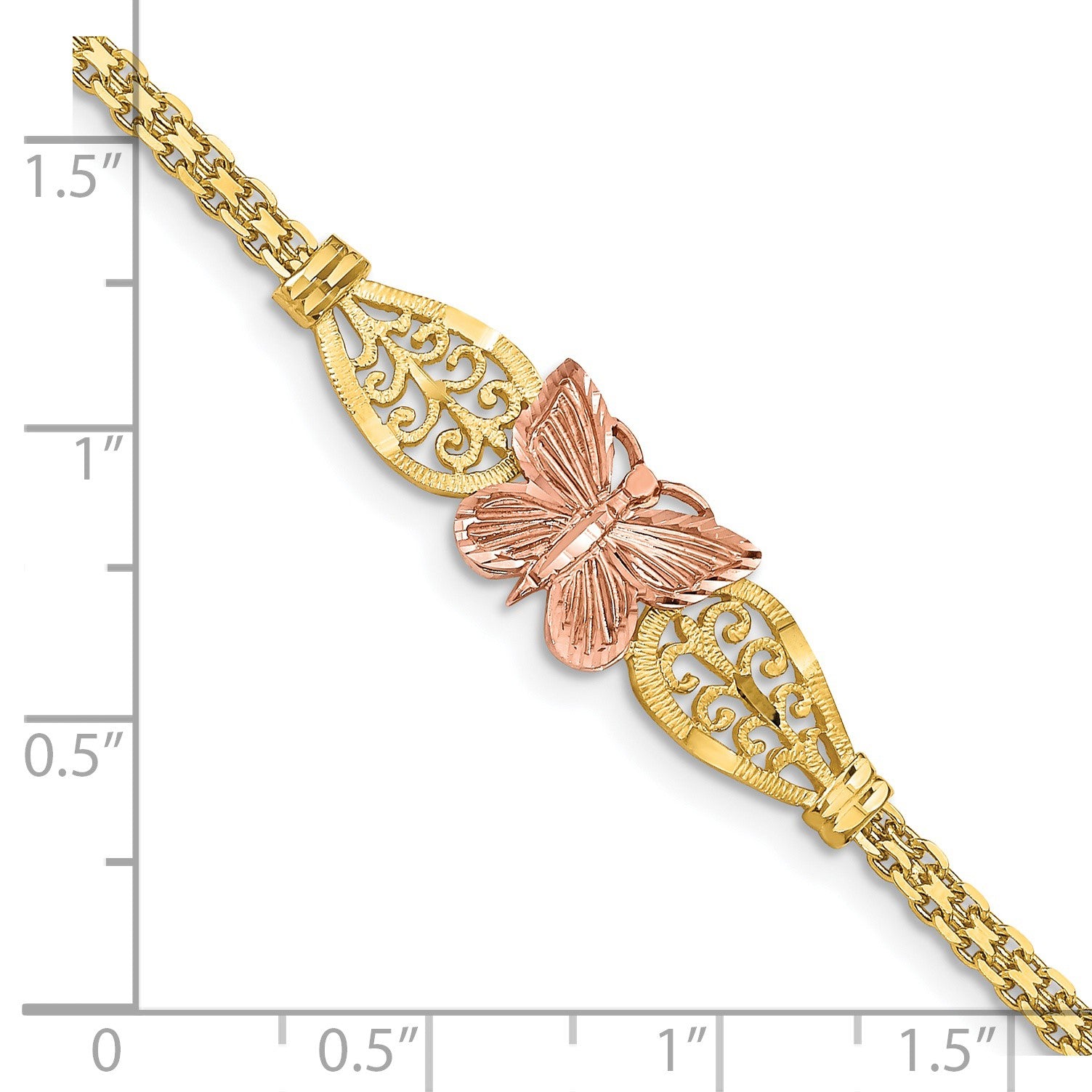 14K Two-tone Polished Diamond-cut Butterfly with Filigree and Bismark Chain 7 inch Bracelet
