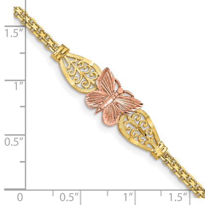 14K Two-tone Polished Diamond-cut Butterfly with Filigree and Bismark Chain 7 inch Bracelet