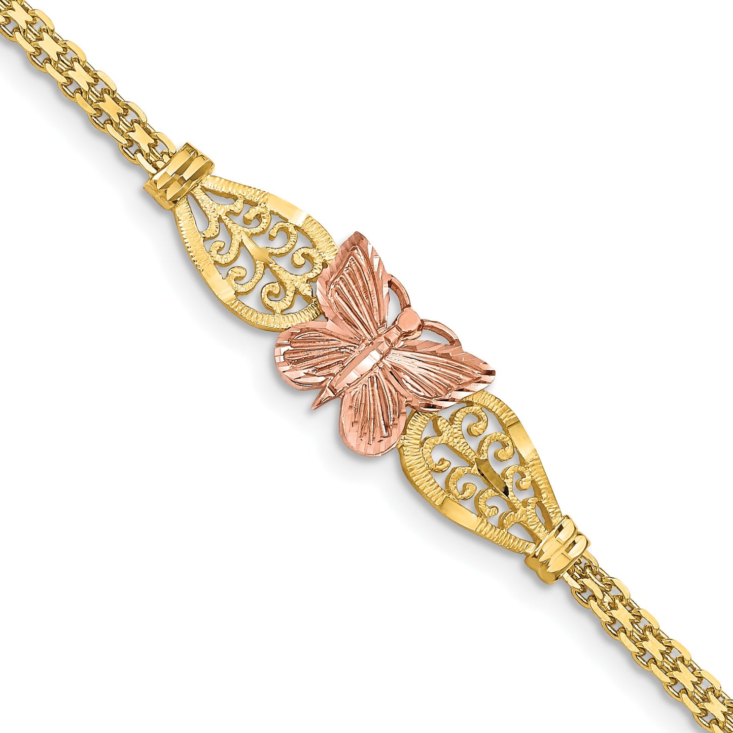 14K Two-tone Polished Diamond-cut Butterfly with Filigree and Bismark Chain 7 inch Bracelet