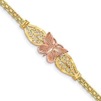 14K Two-tone Polished Diamond-cut Butterfly with Filigree and Bismark Chain 7 inch Bracelet