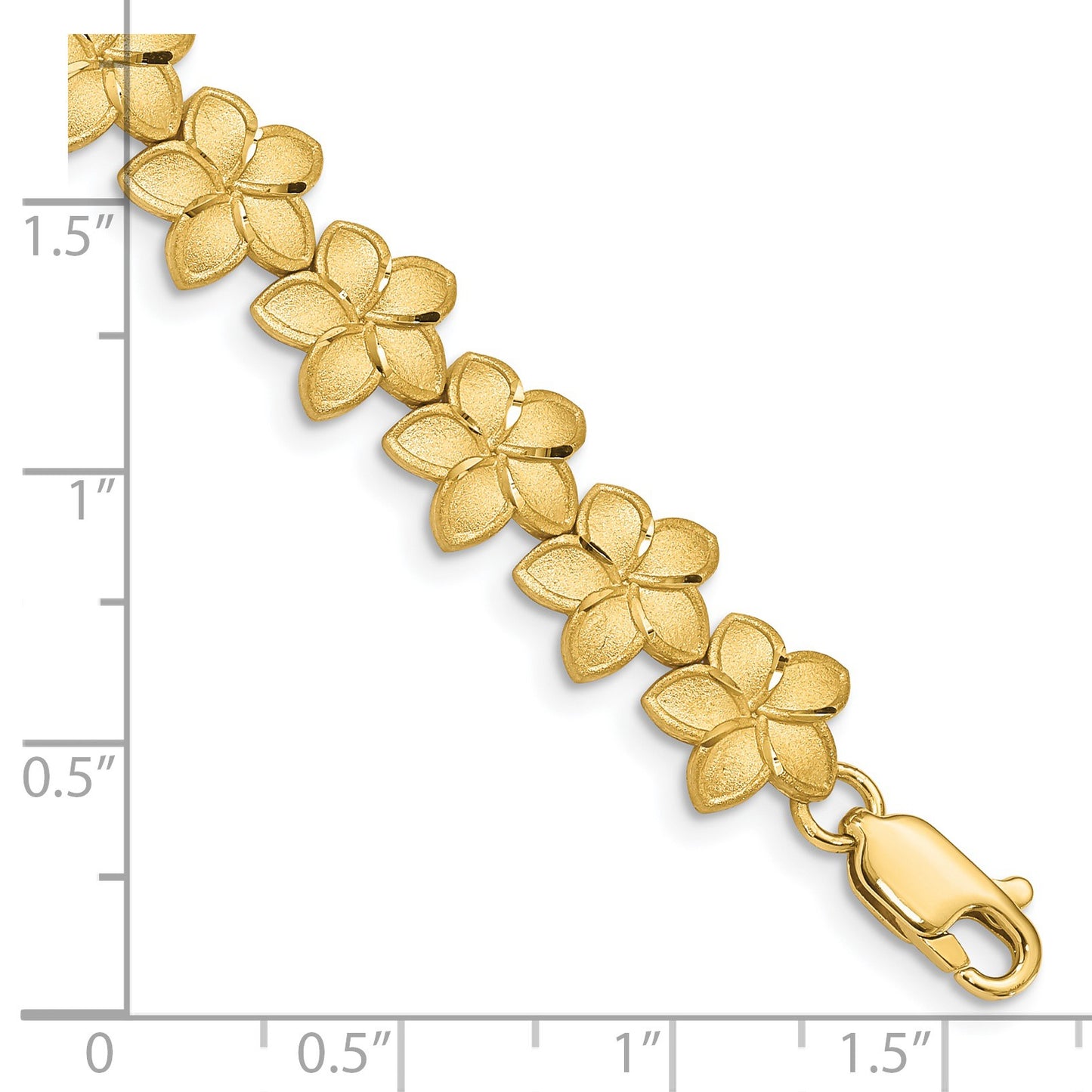 14K Brushed and Diamond-cut Plumeria Floral 7.25 inch Bracelet