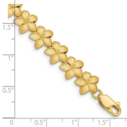 14K Brushed and Diamond-cut Plumeria Floral 7.25 inch Bracelet