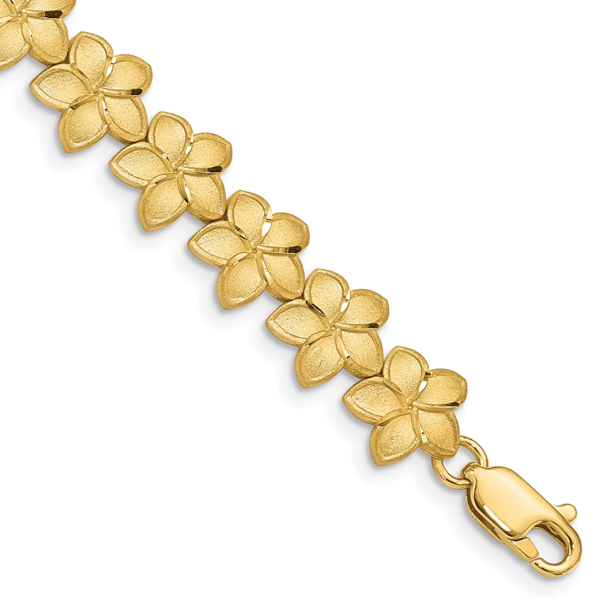 14K Brushed and Diamond-cut Plumeria Floral 7.25 inch Bracelet