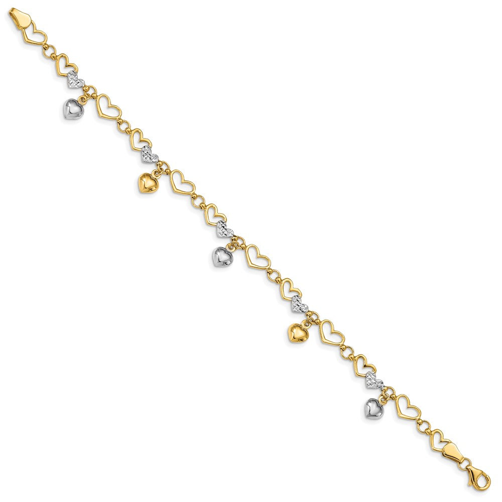 14K & White Rhodium Polished Heart D/C Bracelet